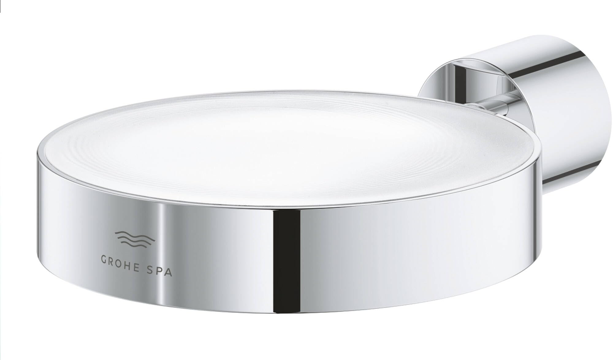 Chrome wall-mounted holder with circular white glass dish and cylindrical mounting bracket.