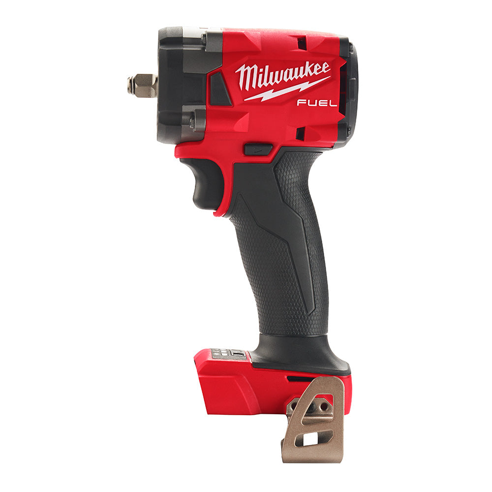 Red and black Milwaukee M18 FUEL compact impact wrench with friction ring tool attachment and black grip handle.