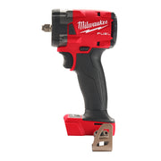 Red and black Milwaukee M18 FUEL compact impact wrench with friction ring tool attachment and black grip handle.
