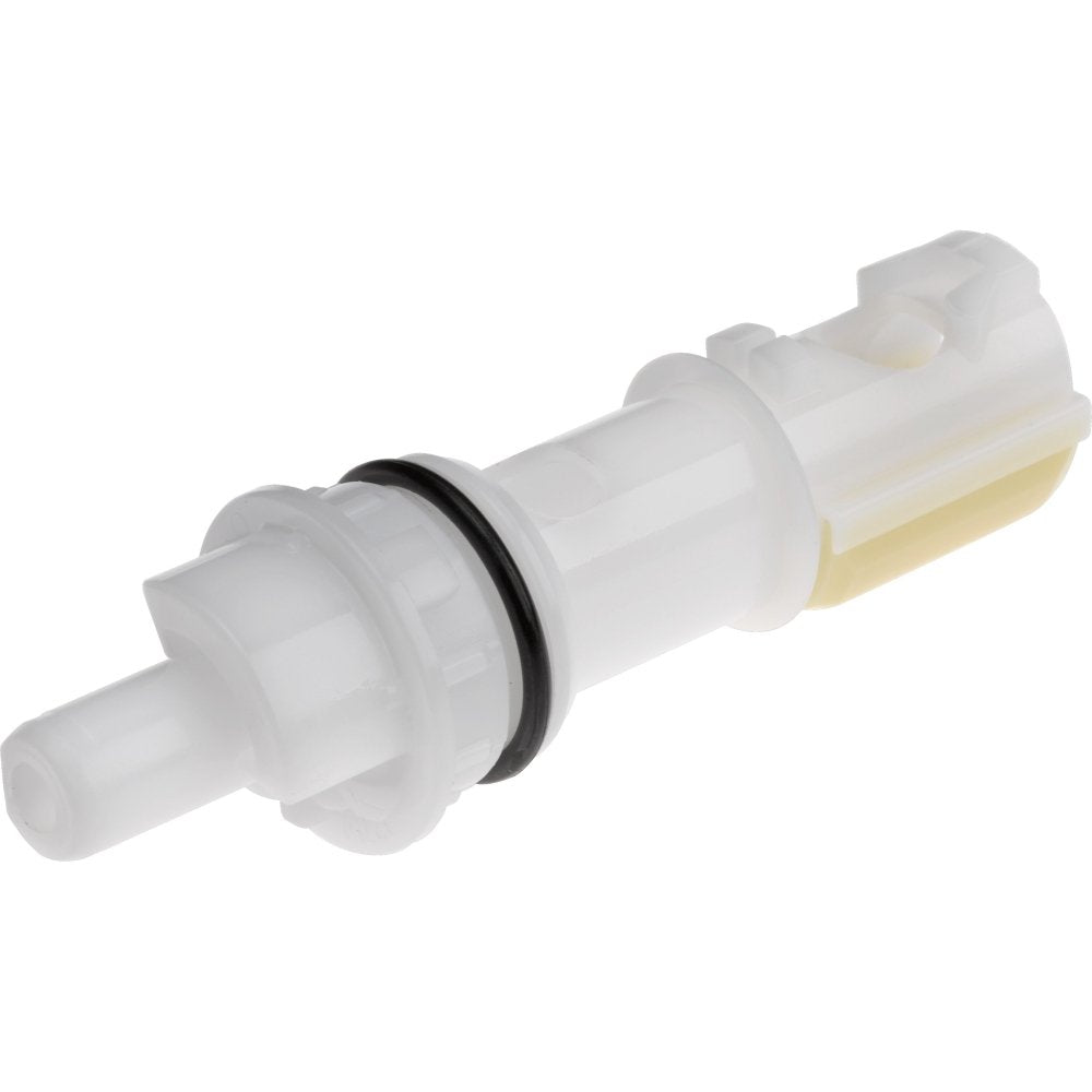 White plastic diverter assembly with black rubber seal ring and cream-colored cartridge component.