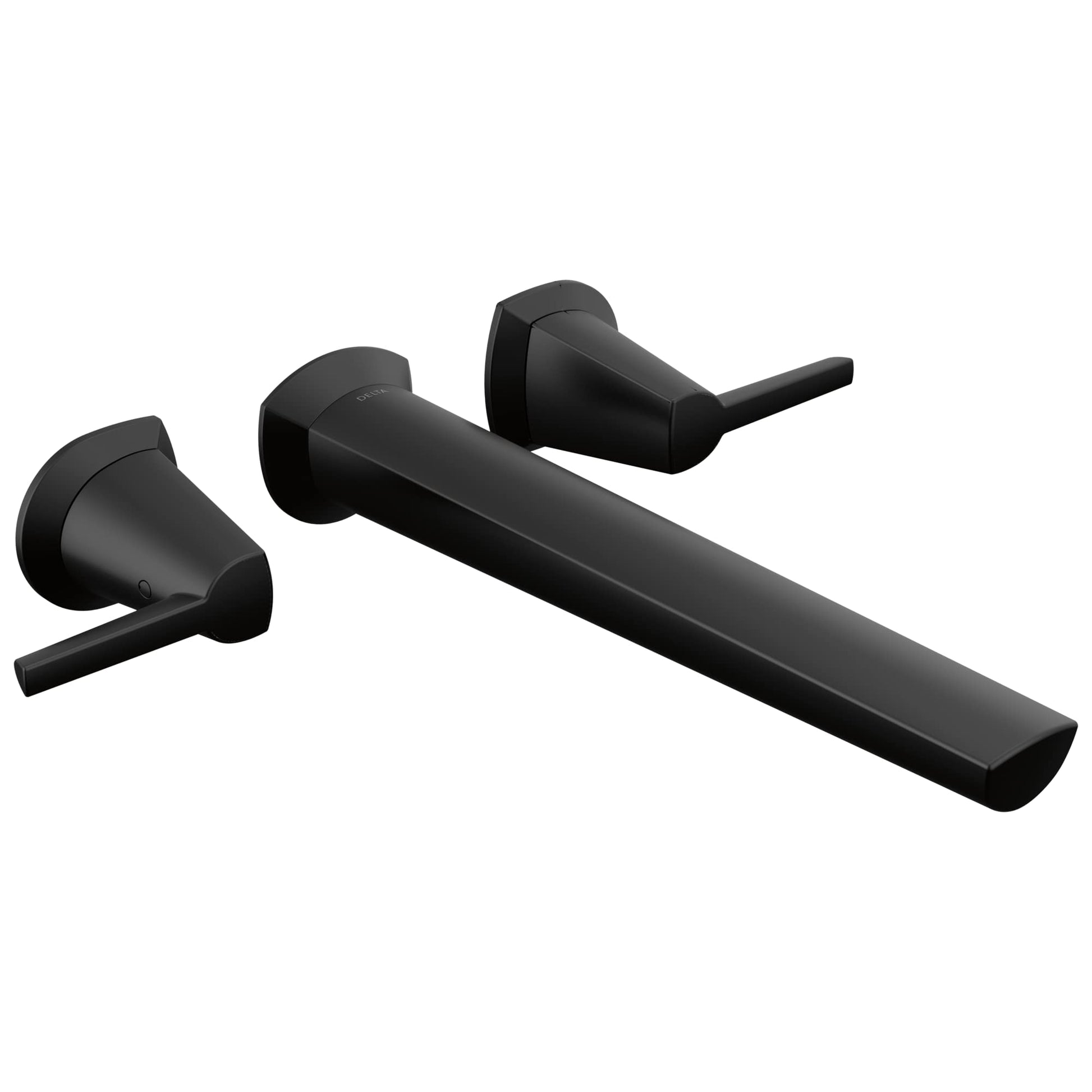 Black wall-mounted tub filler with single spout and two lever handles on white background.