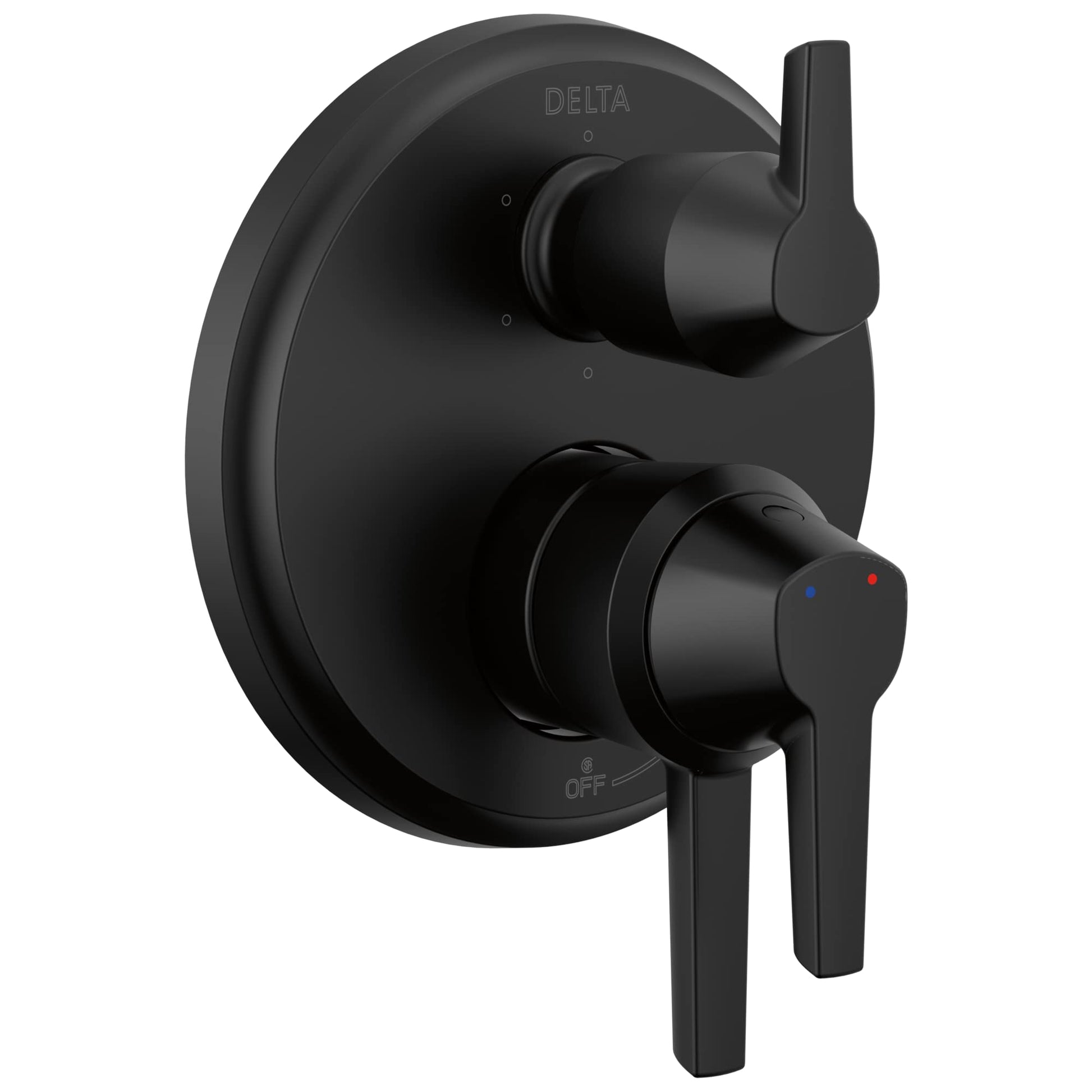 Matte black Delta Galeon 17 integrated diverter trim with dual lever handles and temperature indicator dots.