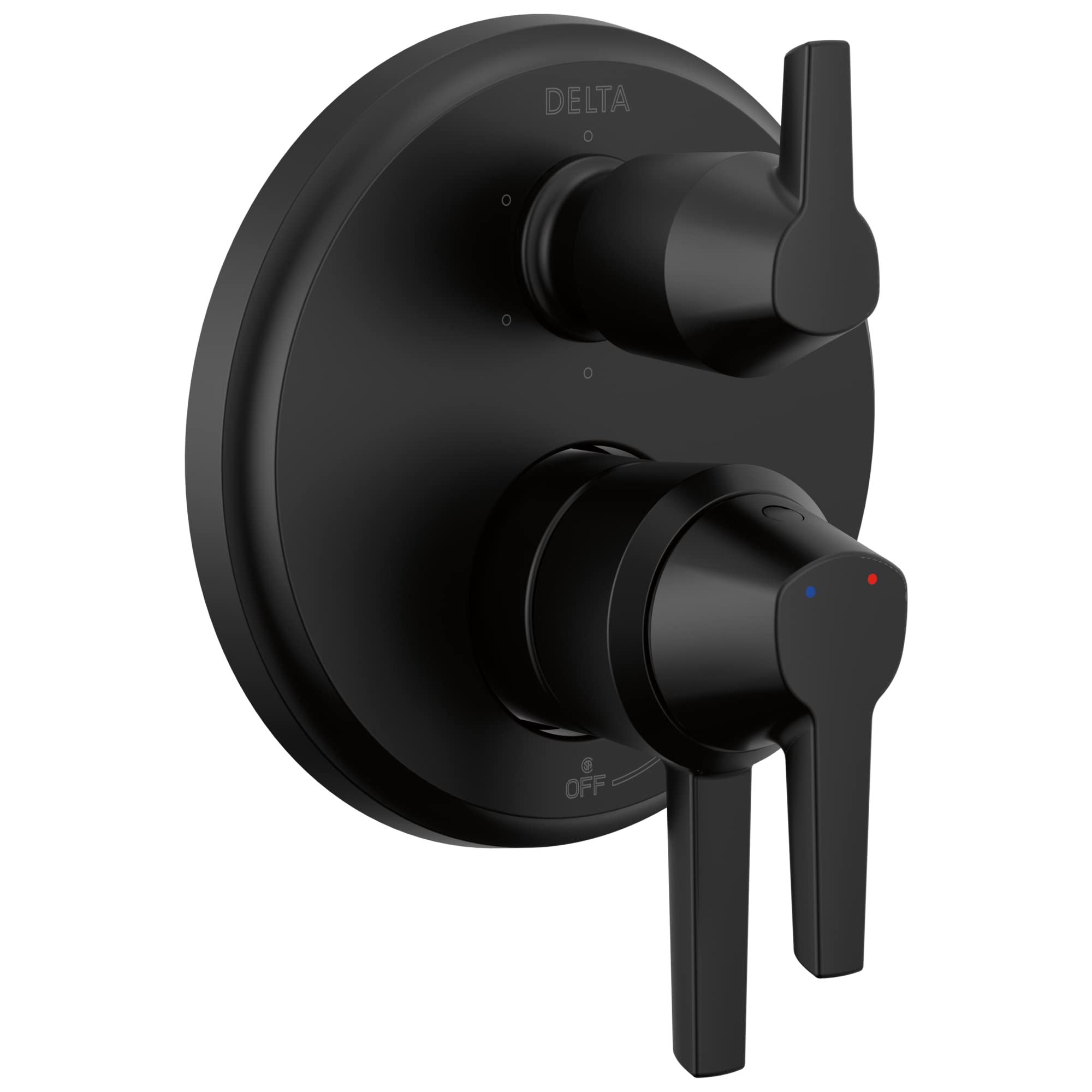 Matte black Delta Galeon 17 integrated diverter trim with dual lever handles and temperature indicator dots.