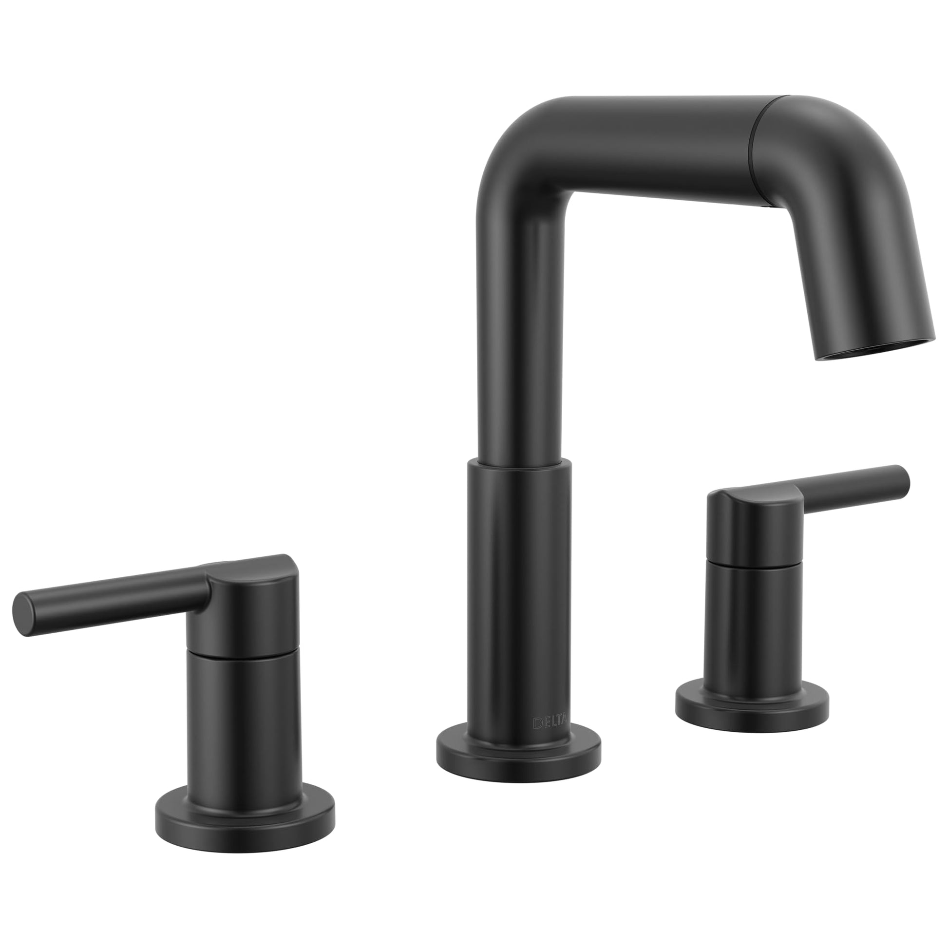 Matte black two-handle widespread bathroom faucet with pull-down spout and lever handles.