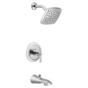 Chrome tub and shower trim kit with single handle valve, showerhead, and tub spout.