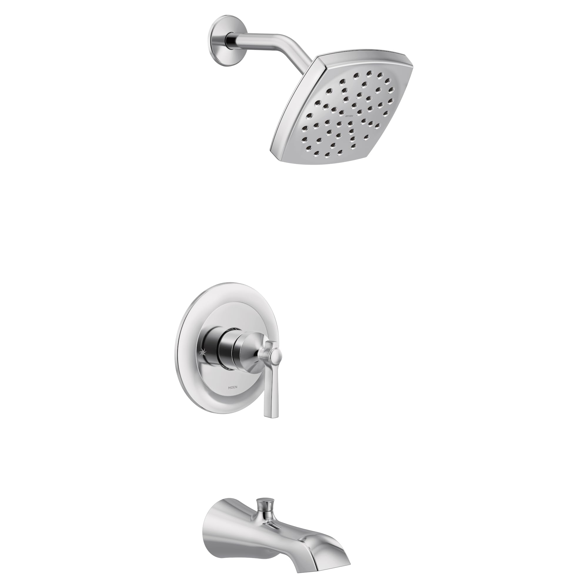 Chrome tub and shower trim kit with single handle valve, showerhead, and curved spout.
