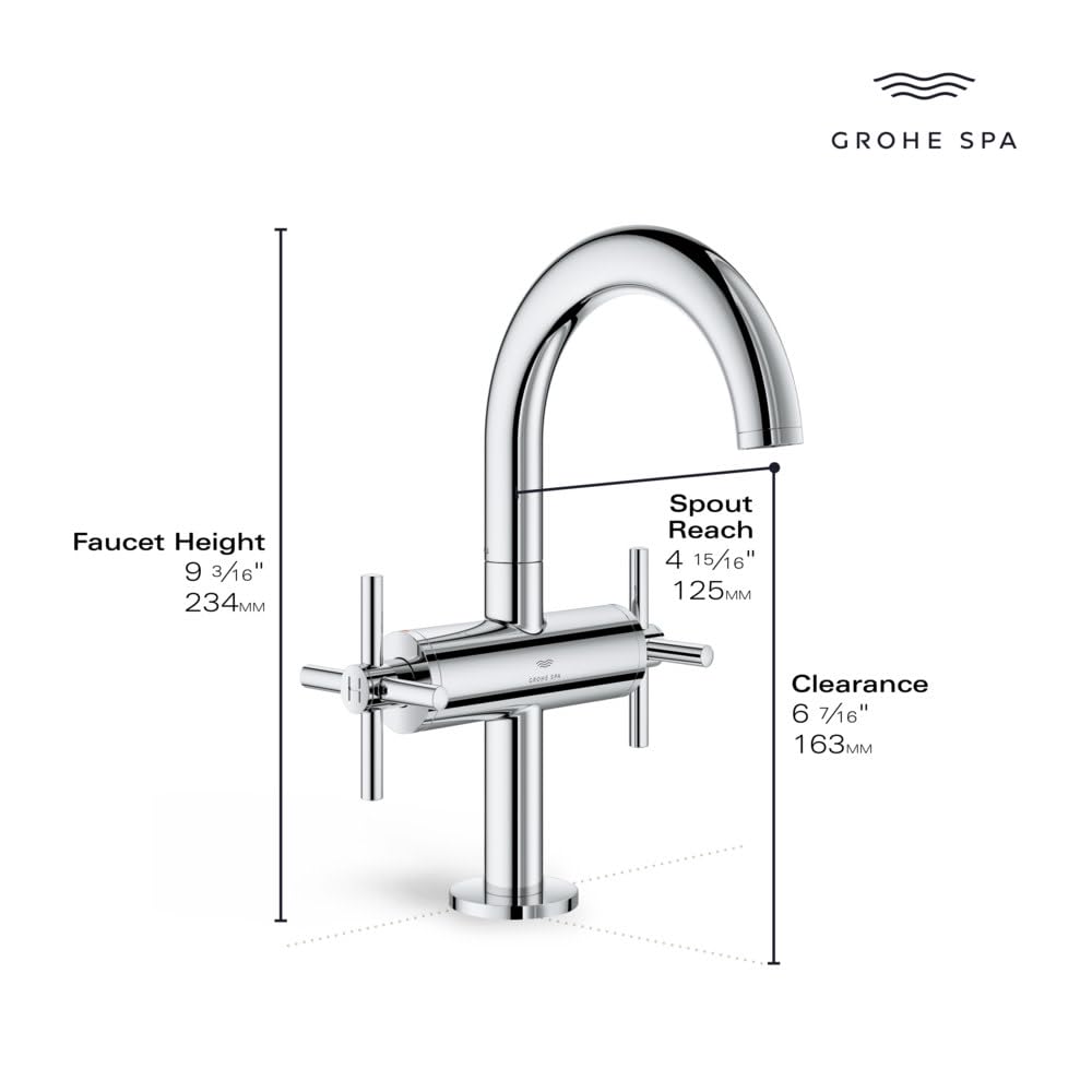 Chrome two-handle bathroom faucet with curved spout and measurement dimensions labeled.