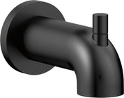 Matte black curved tub spout with pull-up diverter and wall-mounted circular escutcheon plate.