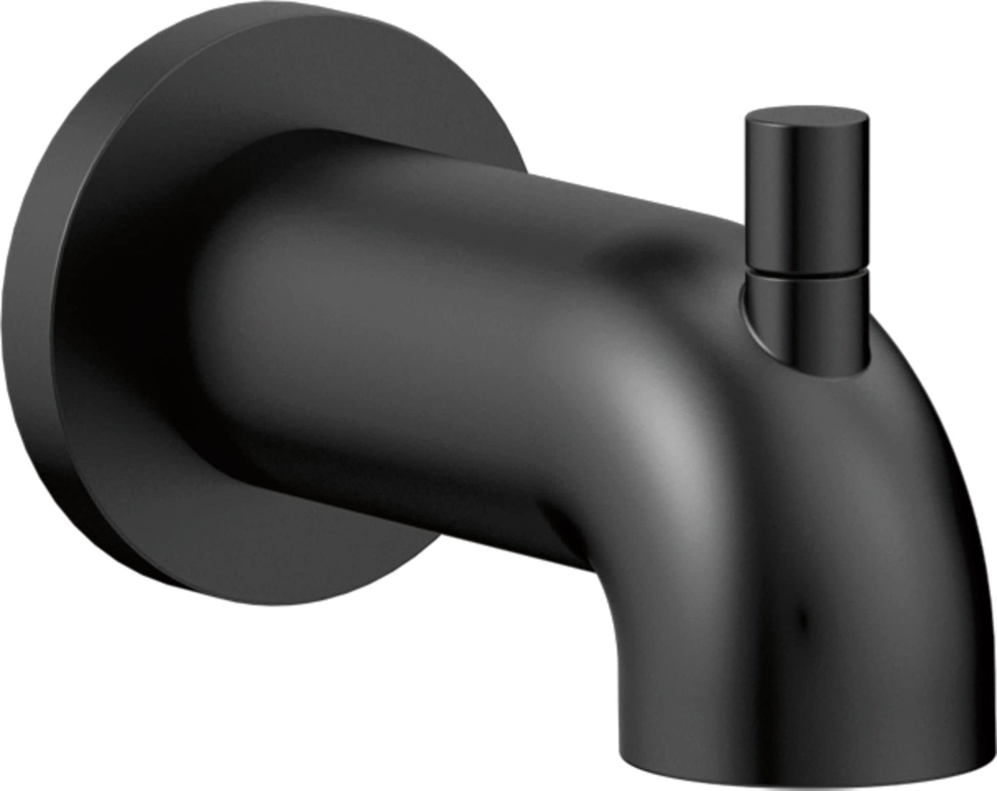 Matte black curved tub spout with pull-up diverter and wall-mounted circular escutcheon plate.
