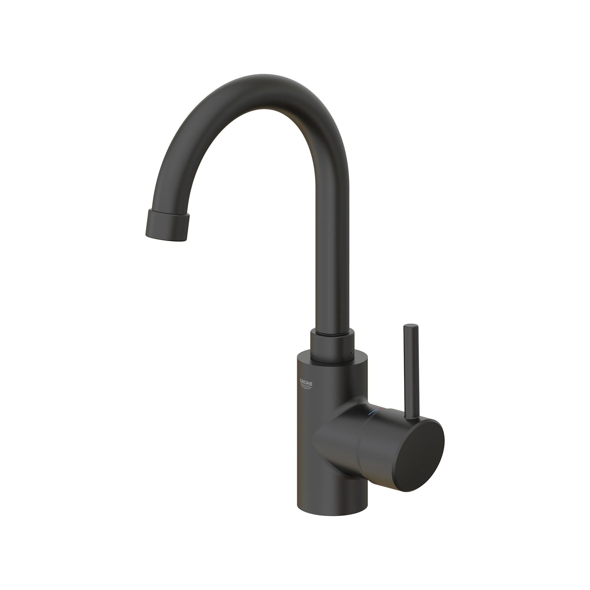 Grohe Cosmo brushed dark metal kitchen faucet with curved spout and single lever handle.