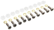 Chrome fixing set with clear plastic anchors, brass washers, and metal screws arranged in rows.