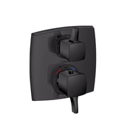 Matte black square thermostatic shower valve trim with dual cube handles and temperature display dial.