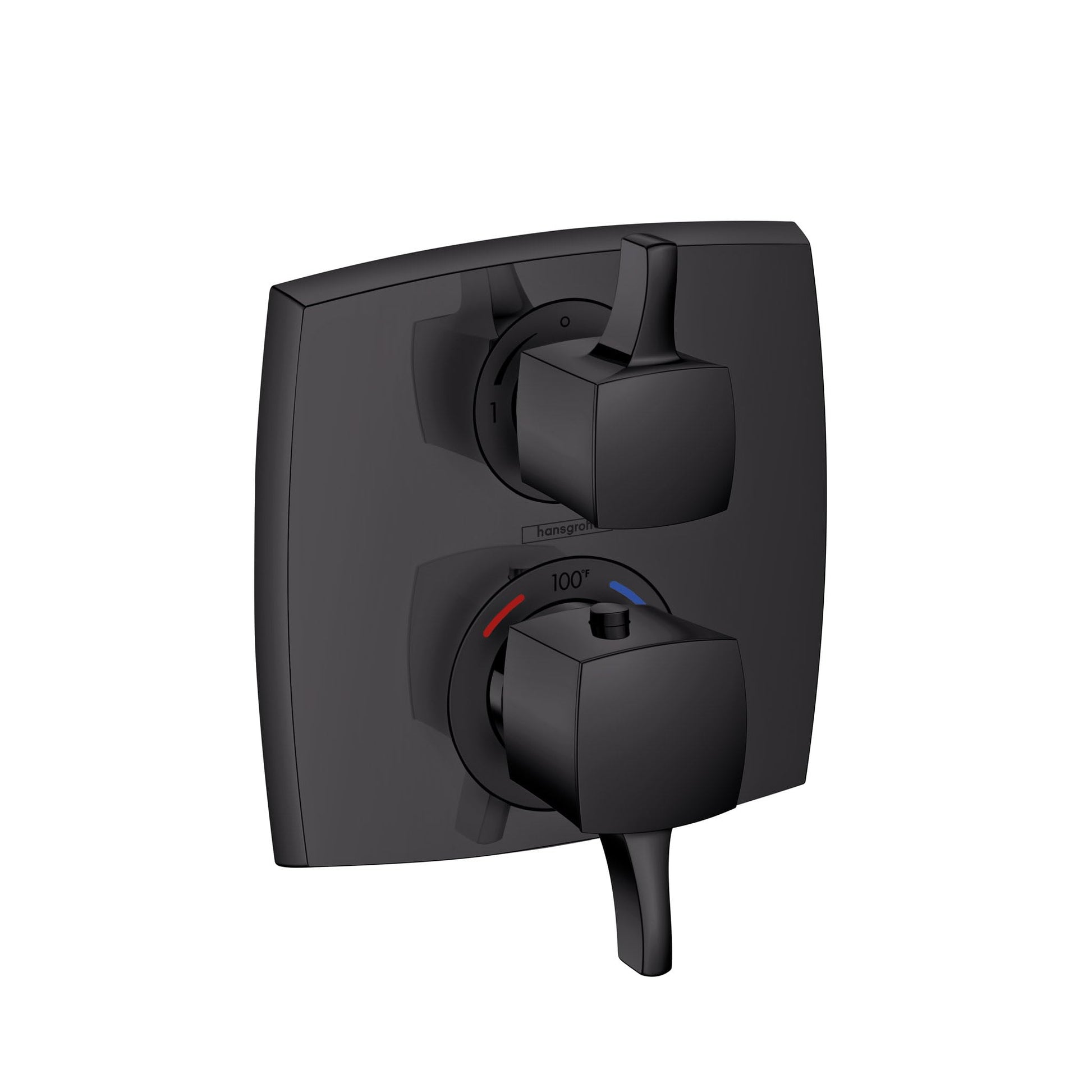 Matte black square thermostatic shower valve trim with dual cube handles and temperature display dial.