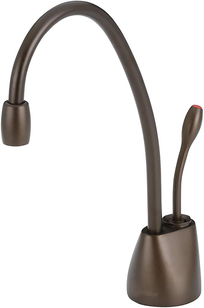 Mocha bronze instant hot water dispenser faucet with high curved spout and single lever handle.