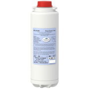 White cylindrical water filter cartridge with red cap and blue label displaying Elkay WaterSentry Plus specifications.