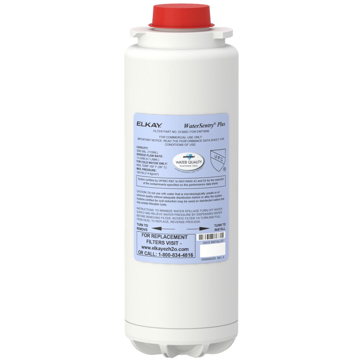 White cylindrical water filter cartridge with red cap and blue label displaying Elkay WaterSentry Plus specifications.