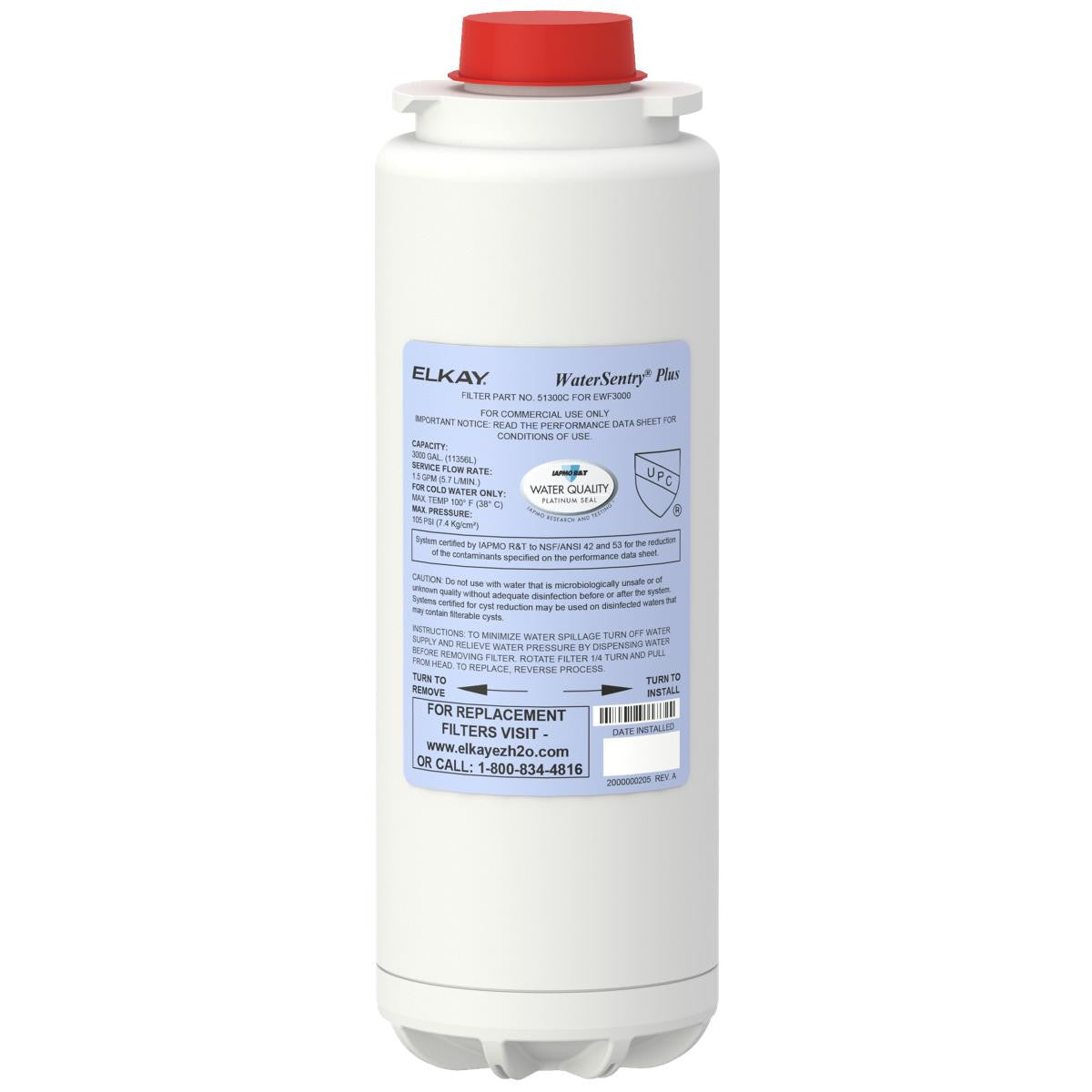 White cylindrical water filter with red cap and blue label for Elkay WaterSentry Plus bottle filler system.