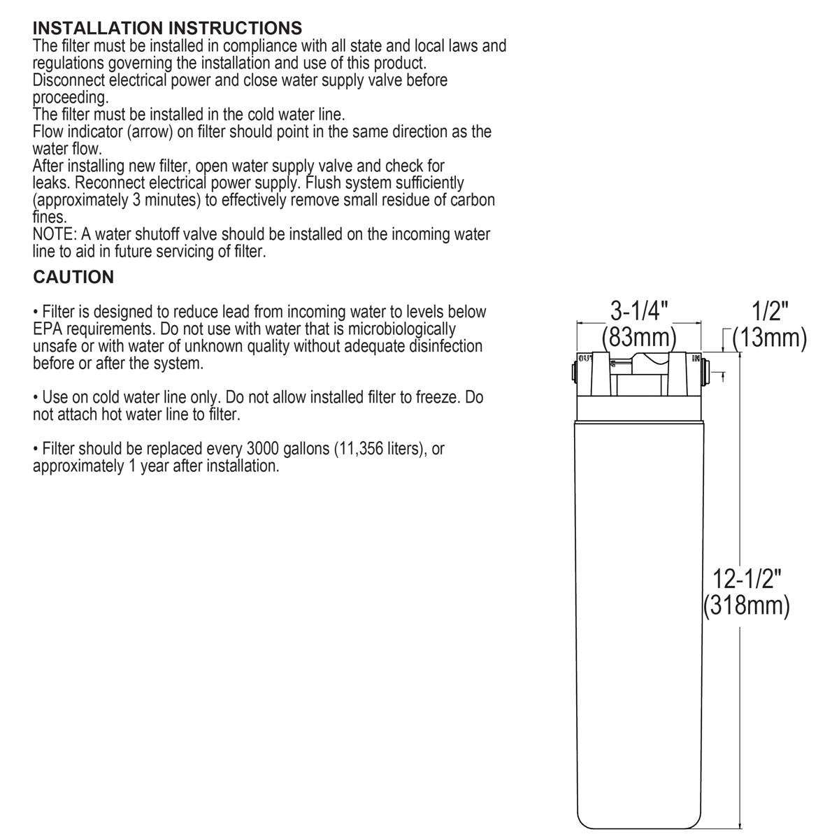 Cylindrical water filter cartridge with threaded connector fitting and dimension measurements labeled.