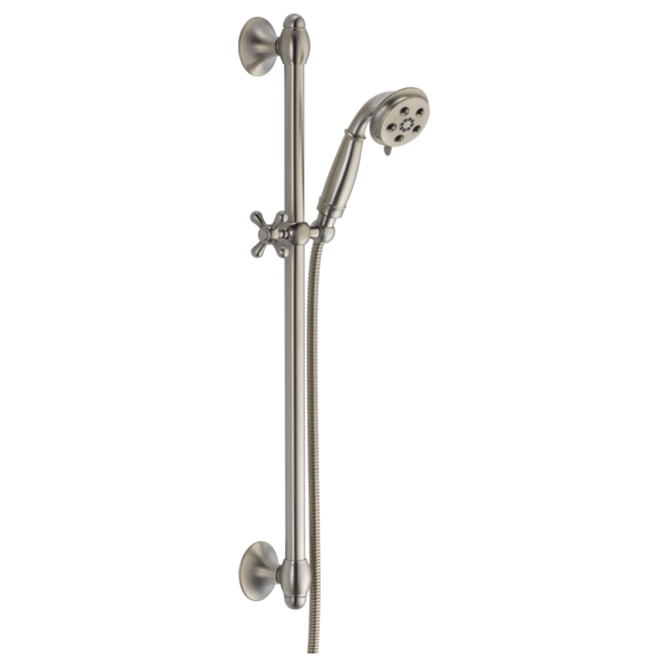 Brushed nickel slide bar shower system with handheld showerhead, wall mounts, and adjustable height rail.