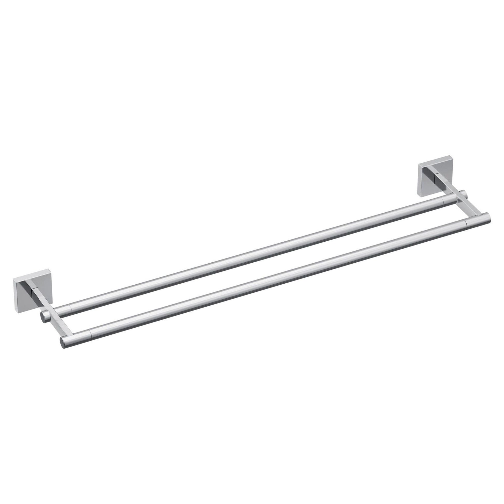 Chrome double towel bar with two parallel rods mounted on square wall brackets.
