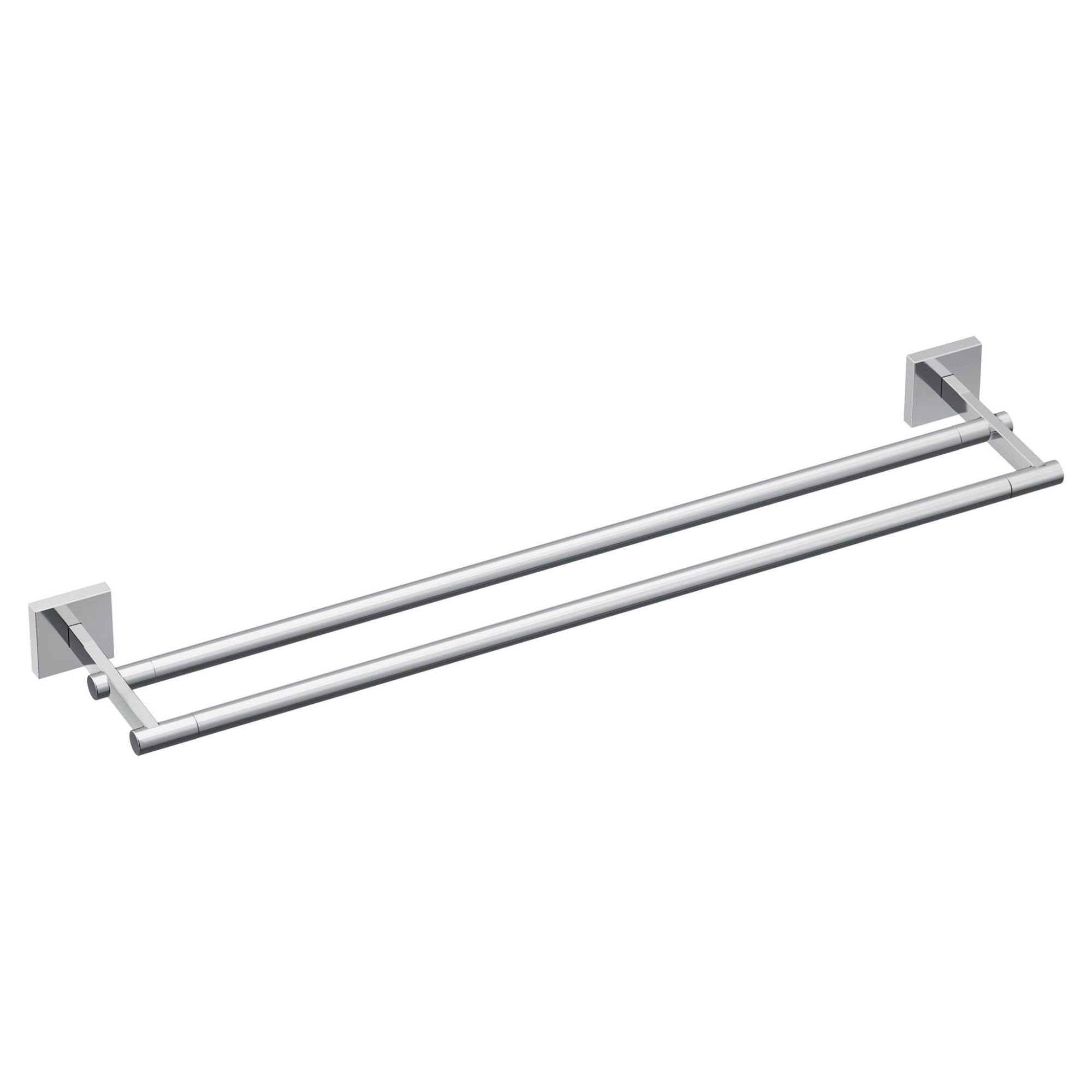 Chrome double towel bar with two parallel rods mounted on square wall brackets.