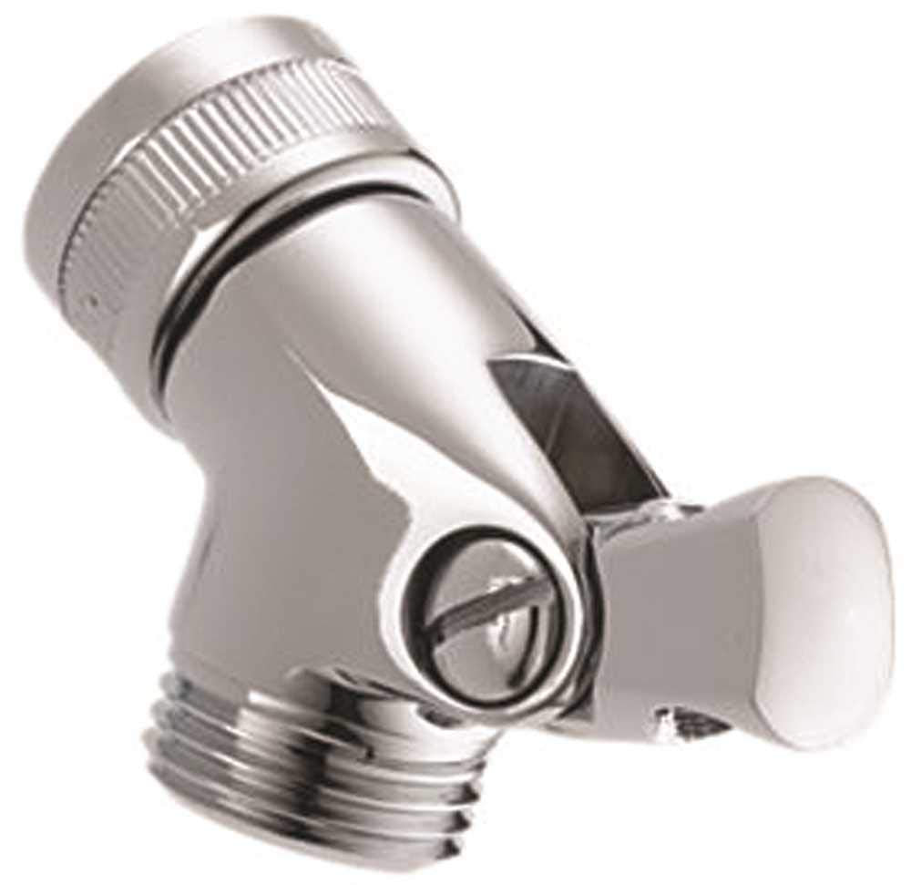 Chrome pin mount swivel connector with threaded inlet, angled outlet, and adjustment knob for hand shower hose attachment.