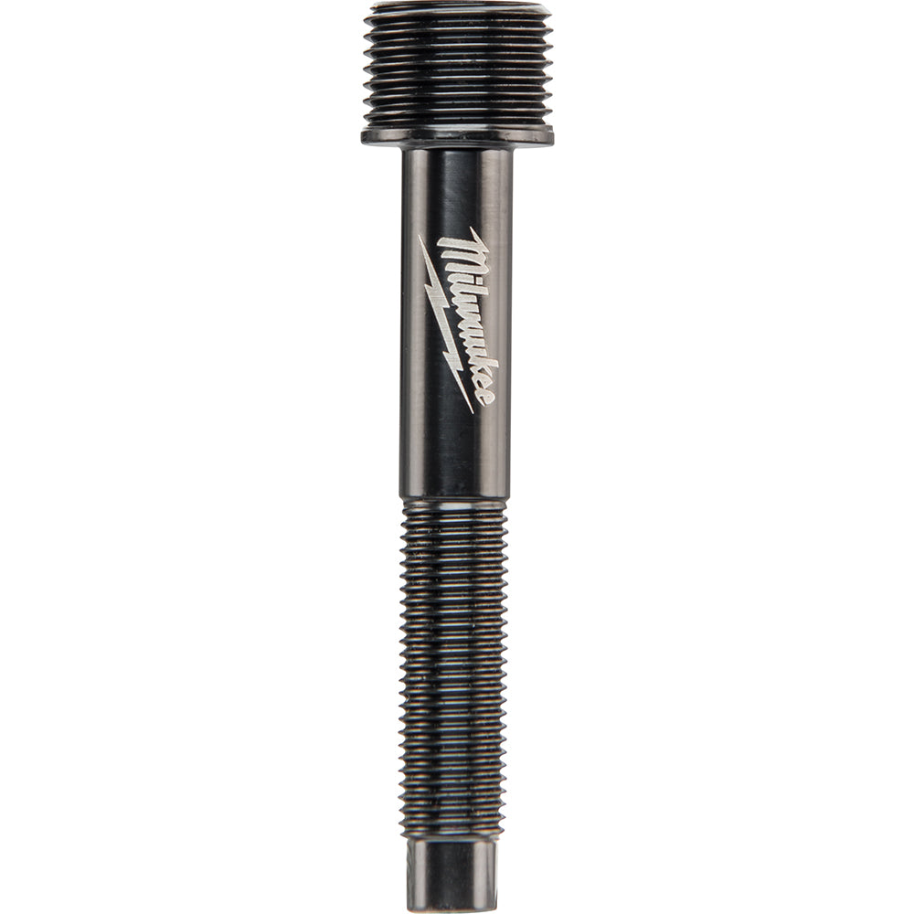 Black metal draw stud with threaded ends and Milwaukee branding on cylindrical center section.