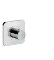 Chrome thermostatic shower trim with square escutcheon plate, round control knob, and 40-degree temperature indicator.
