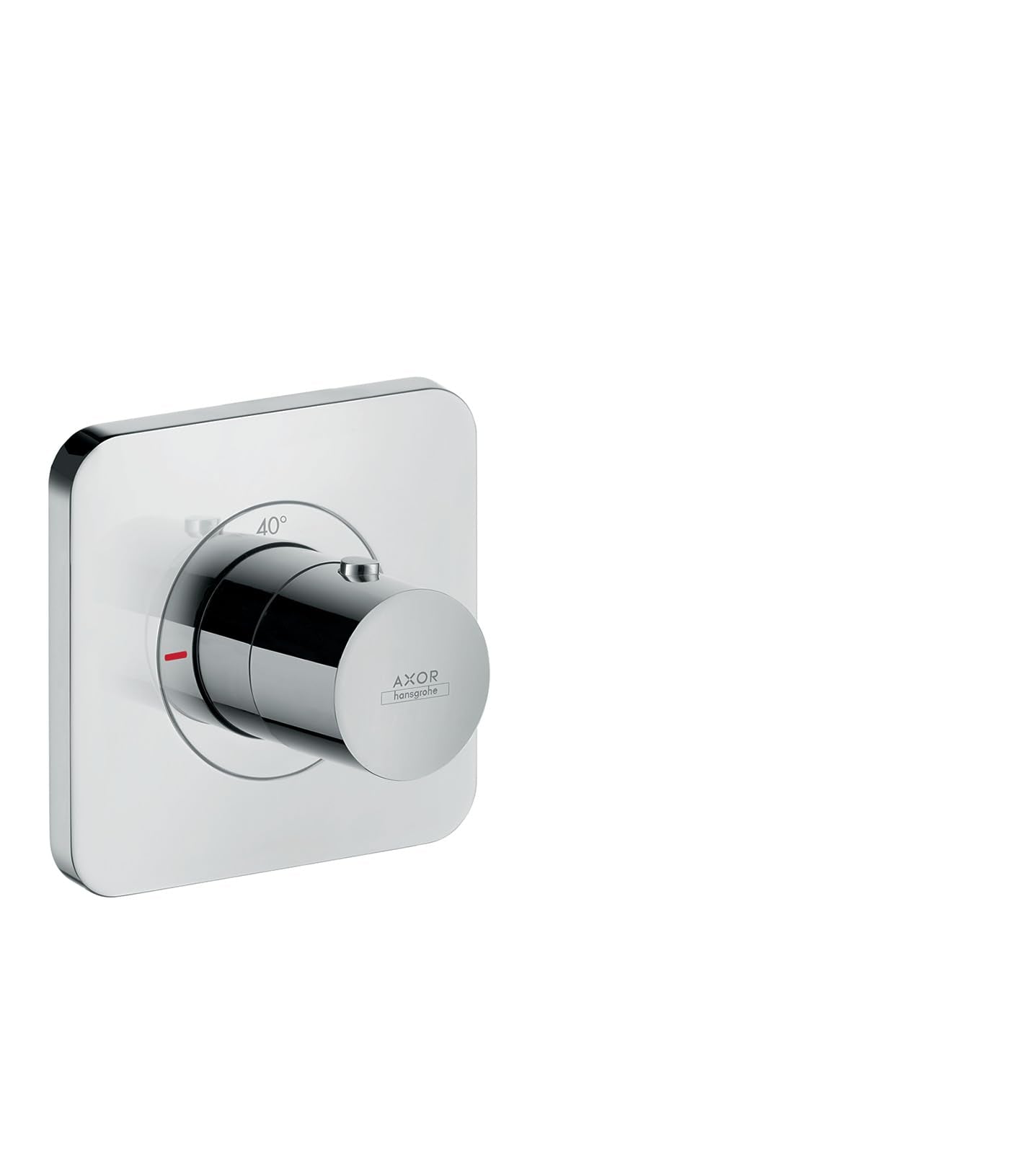 Chrome thermostatic shower trim with square escutcheon plate, round control knob, and 40-degree temperature indicator.