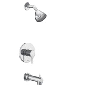 Chrome showerhead with curved arm, single-handle valve trim plate, and tub spout component.