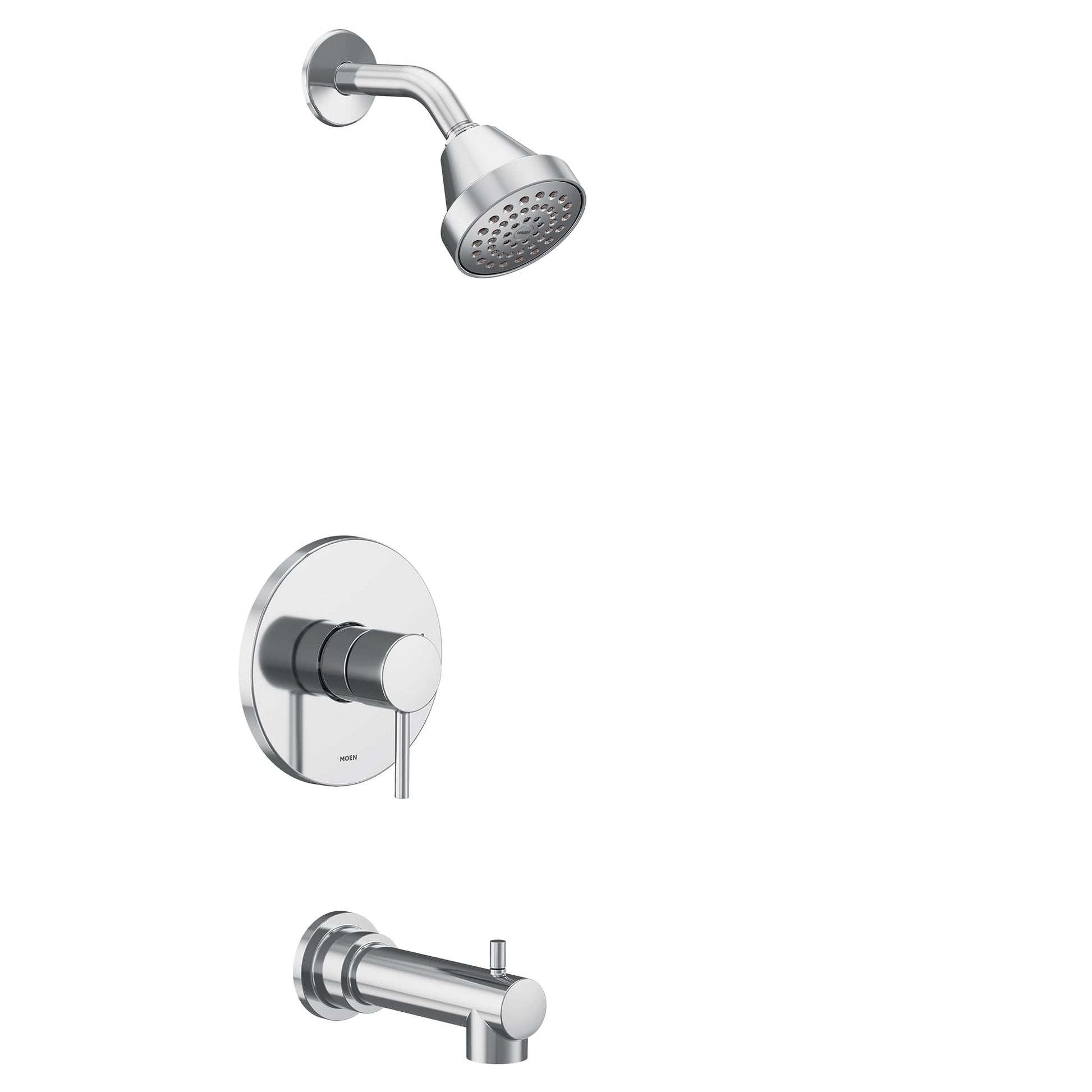 Chrome showerhead with curved arm, single-handle valve trim plate, and tub spout component.