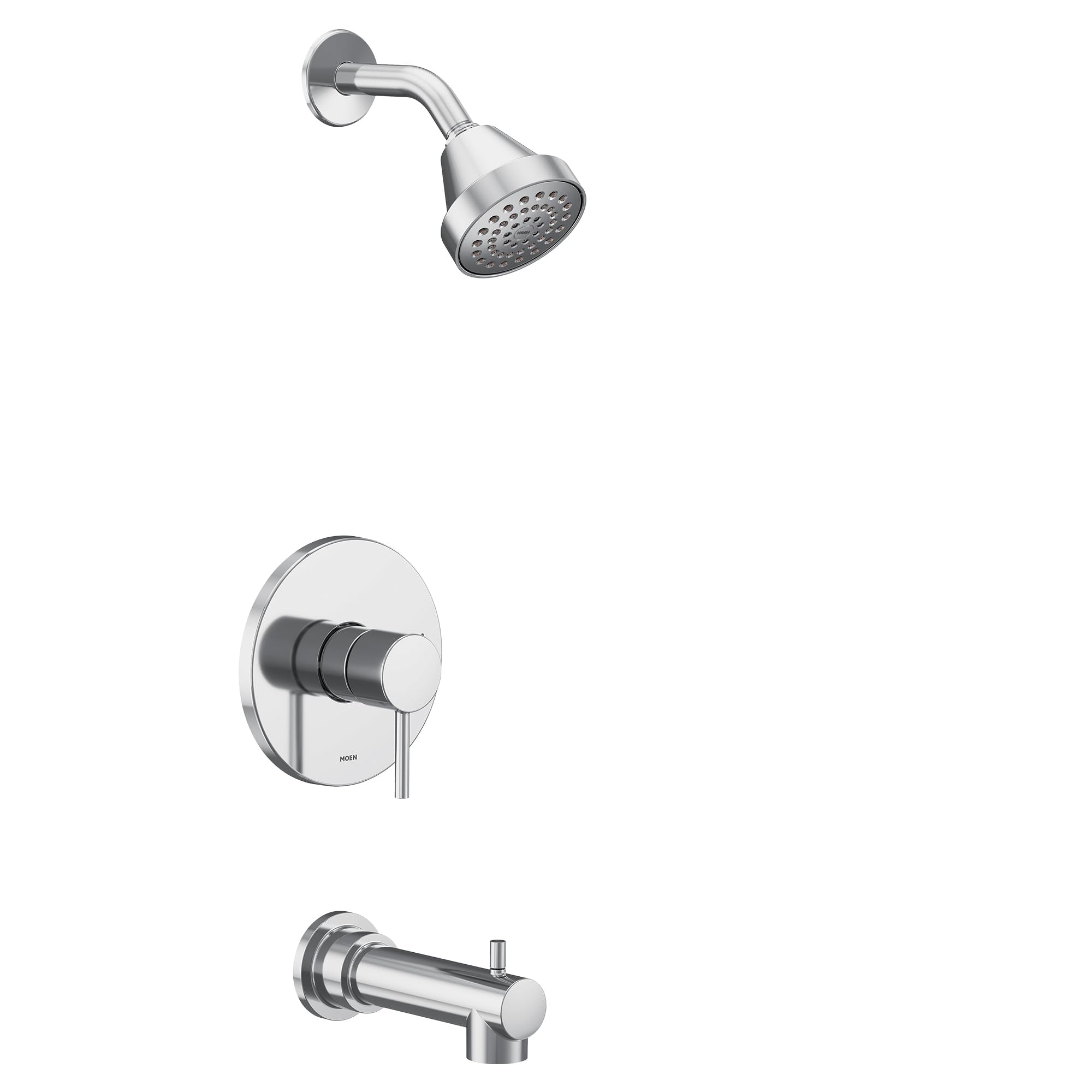 Chrome showerhead with curved arm, single-handle valve trim plate, and tub spout component.