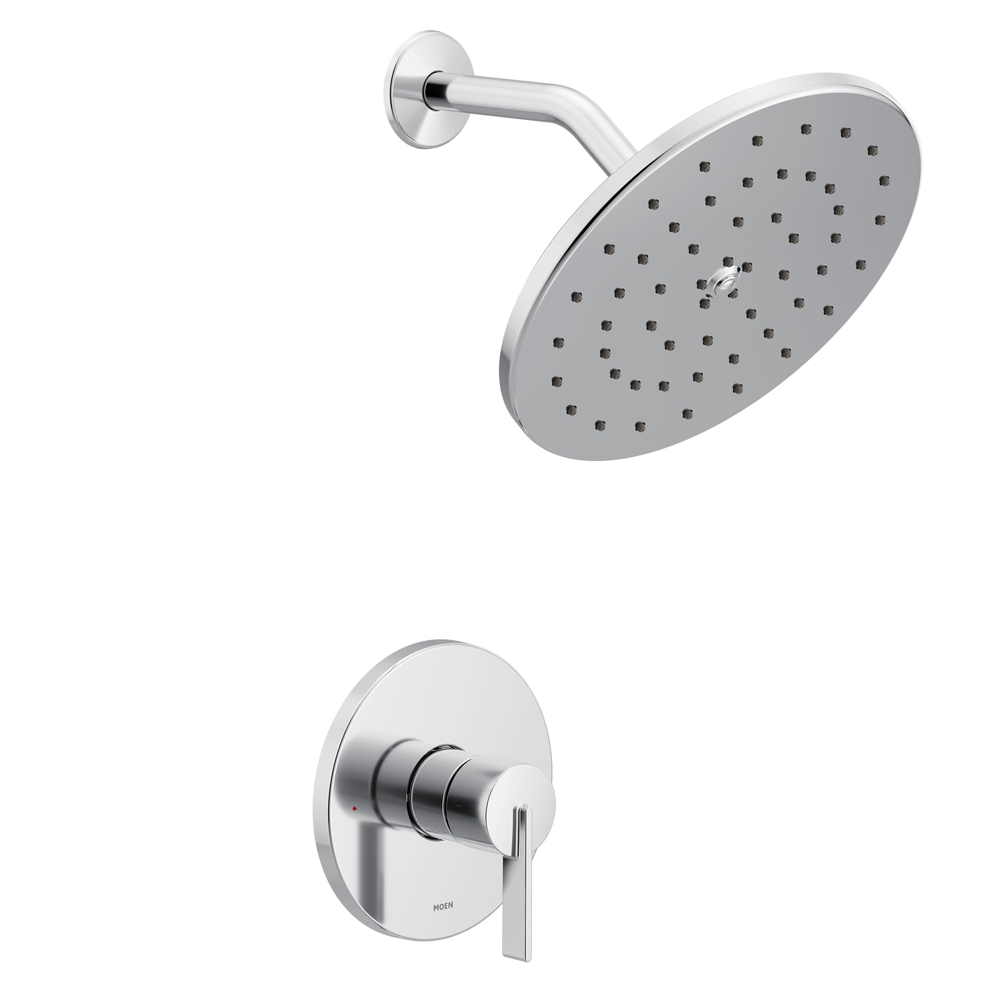 Chrome shower trim kit with single-handle valve and round showerhead with multiple spray holes.