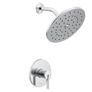 Chrome shower trim kit with single lever handle, round showerhead with spray holes, and curved arm mount.