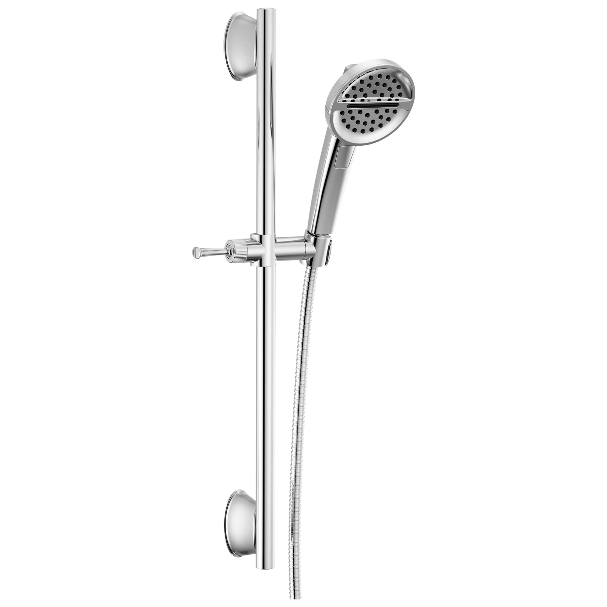 Chrome slide bar shower system with round perforated handshower head and adjustable mounting bracket.