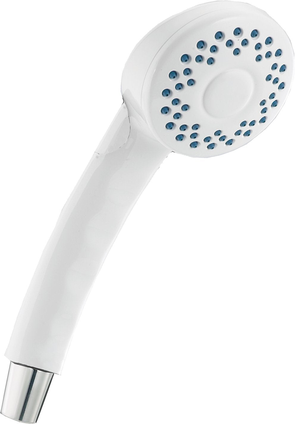 White hand shower with circular head featuring blue spray jets and chrome connection fitting.