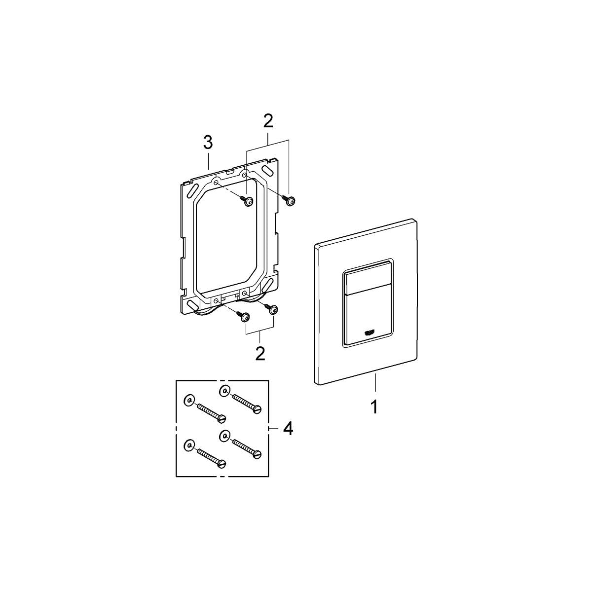 Grohe Skate brushed nickel wall plate with mounting bracket, screws, and installation hardware shown in exploded diagram view
