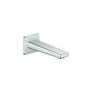 Chrome tub spout with rectangular wall-mounted escutcheon and angled spout outlet.