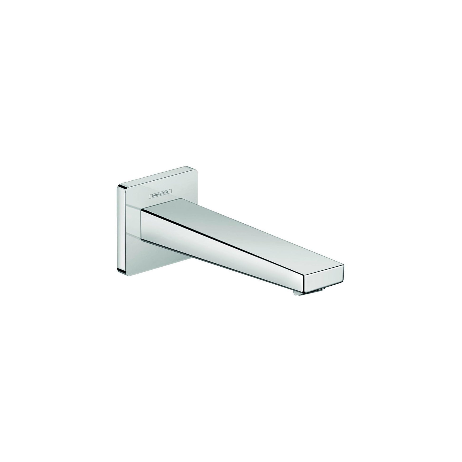 Chrome tub spout with rectangular wall-mounted escutcheon and angled spout outlet.