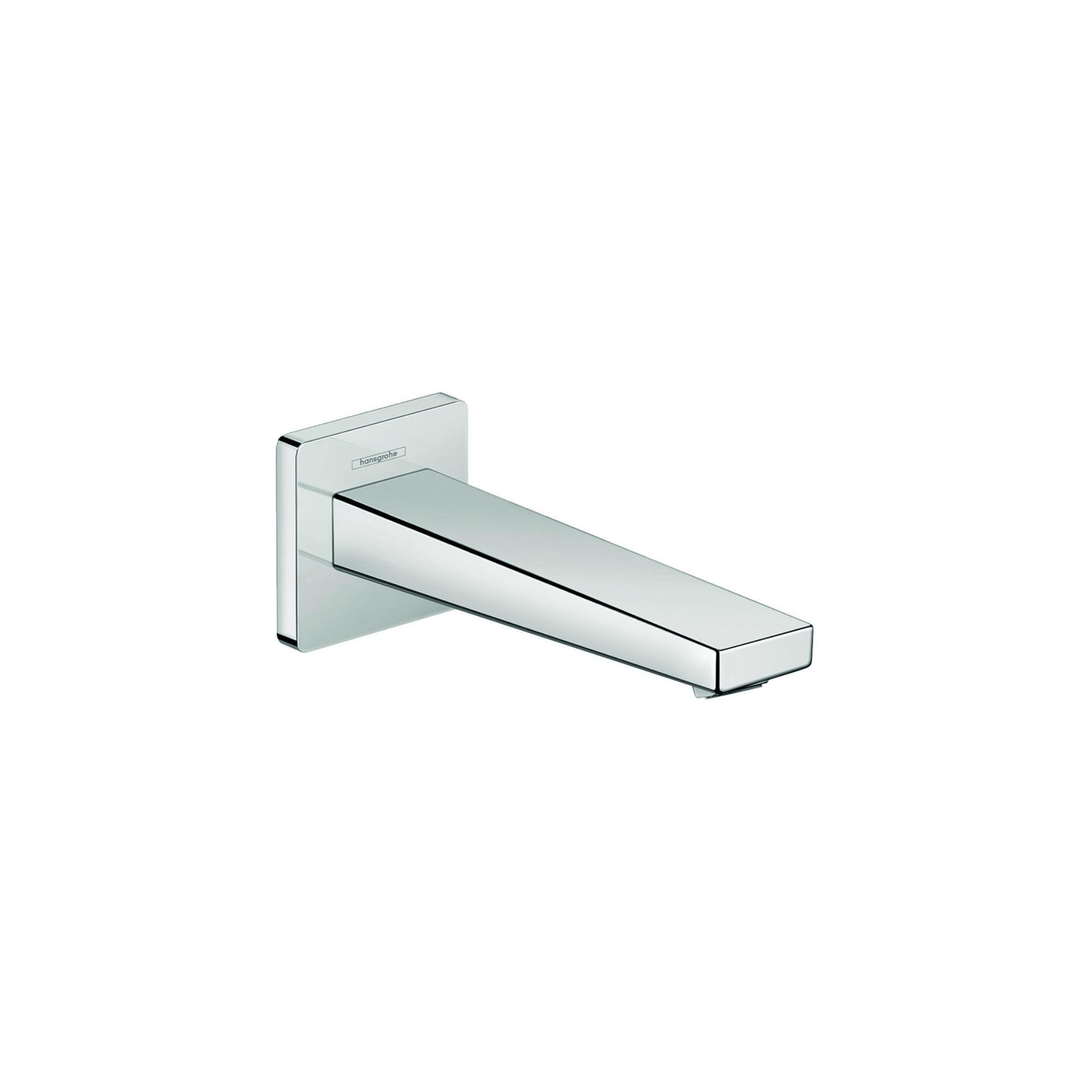 Chrome tub spout with rectangular wall-mounted escutcheon and angled spout outlet.