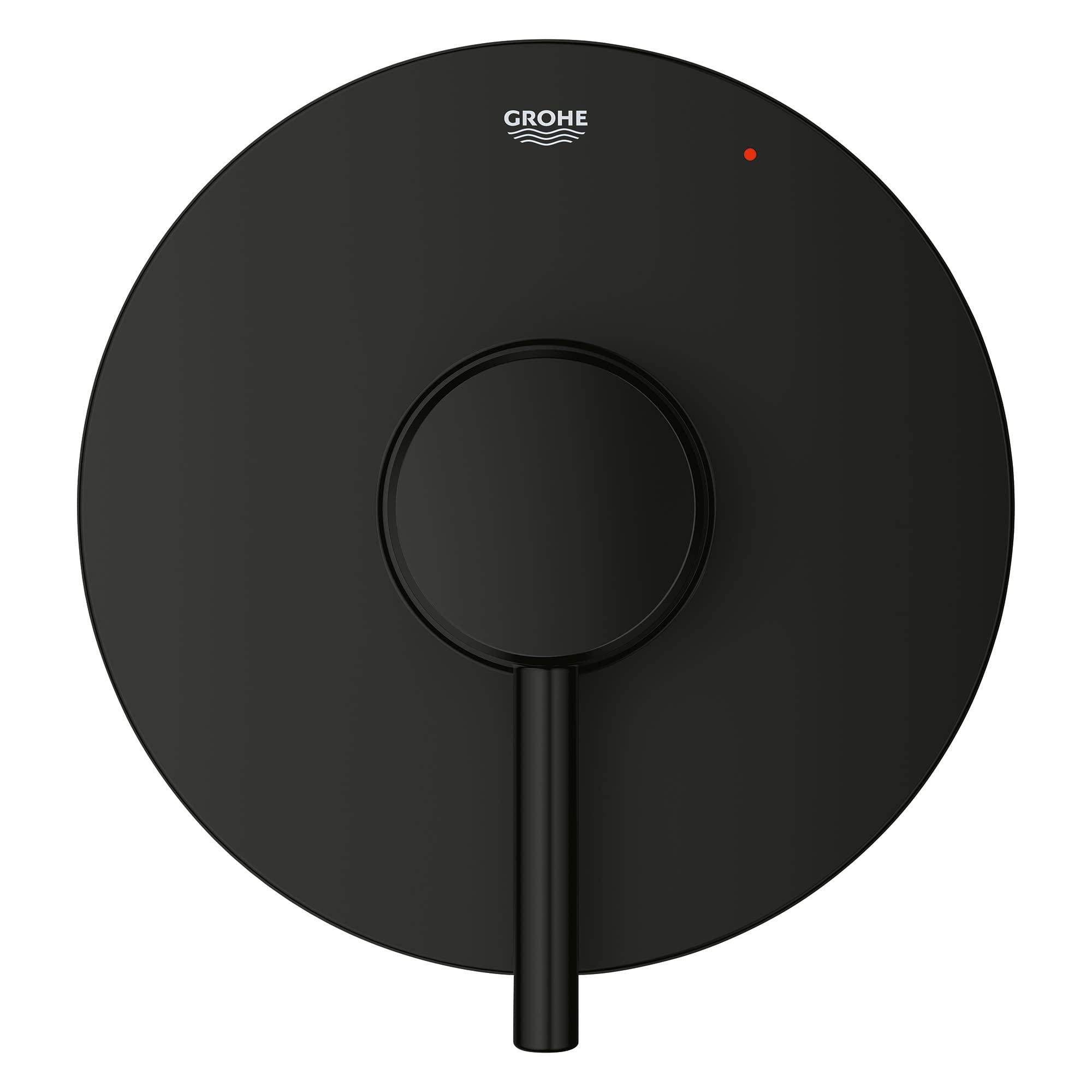 Matte black circular valve trim with single lever handle and red temperature indicator dot.
