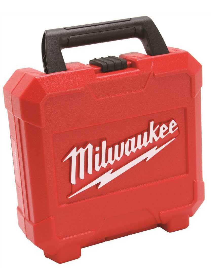Red plastic Milwaukee carrying case with black handle and white logo.