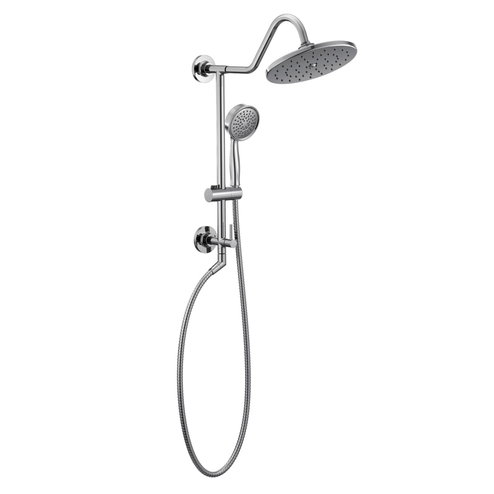 Chrome shower system with large overhead rainshower head, handheld spray wand, and wall-mounted control valve.