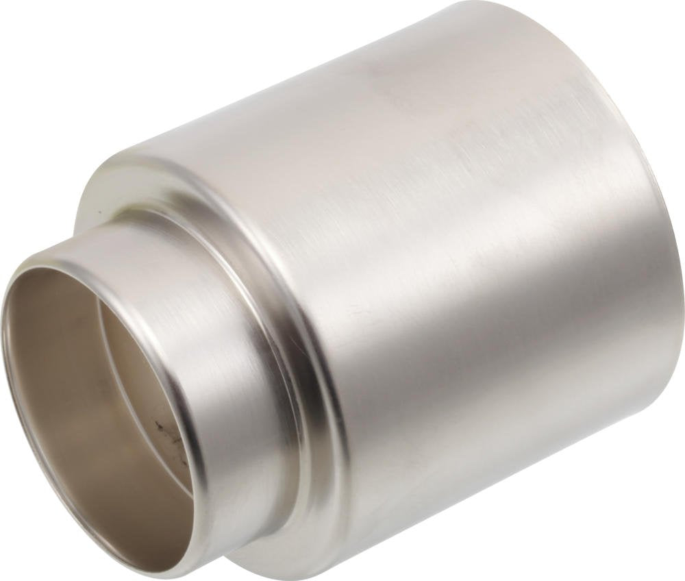 Brushed nickel cylindrical trim sleeve with grooved band and open end for tub and shower installation.