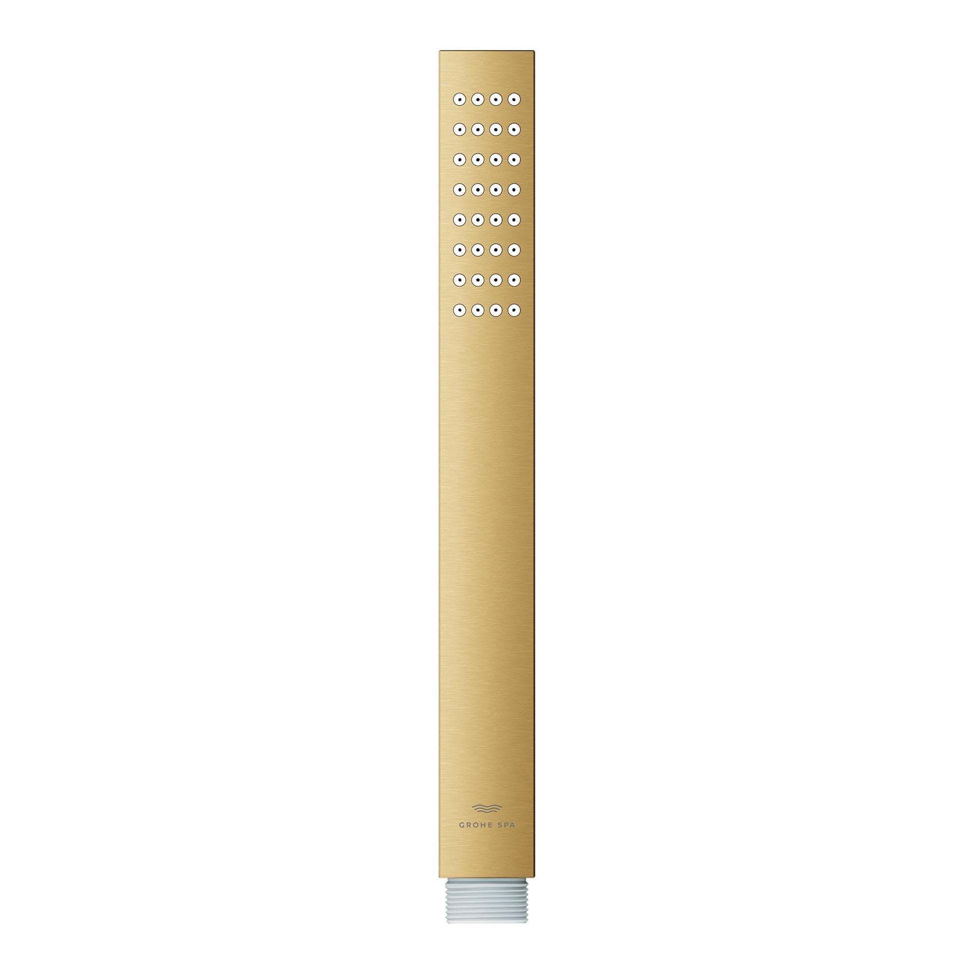 Grohe Euphoria brushed gold stick hand shower with square face and multiple spray jets.