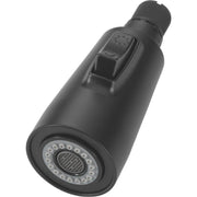Matte black pull-down spray head with control button and perforated spray face.