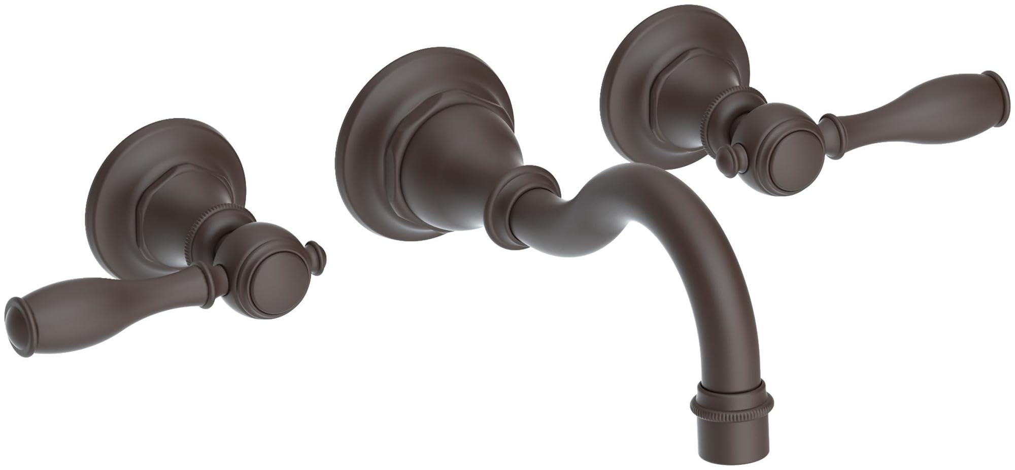 Oil-rubbed bronze wall-mount bathroom faucet with curved spout and two lever handles on round backplates.