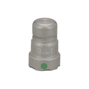 Silver metal press end cap with rounded top, cylindrical middle section, and green circular indicator dot on lower portion.