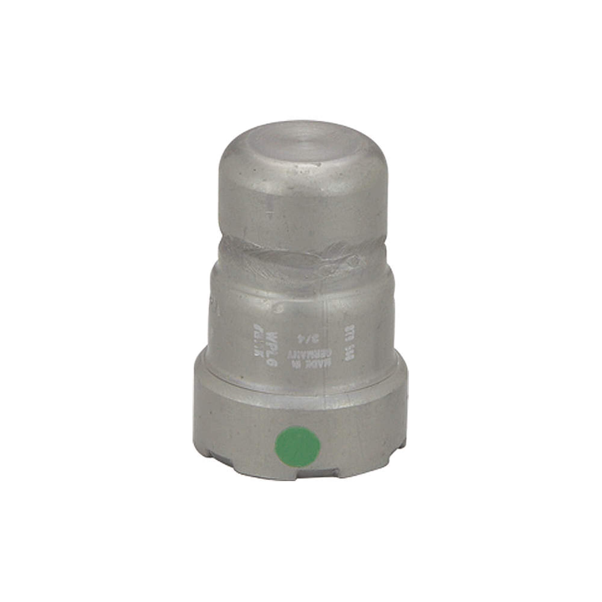 Silver metal press end cap with rounded top, cylindrical middle section, and green circular indicator dot on lower portion.