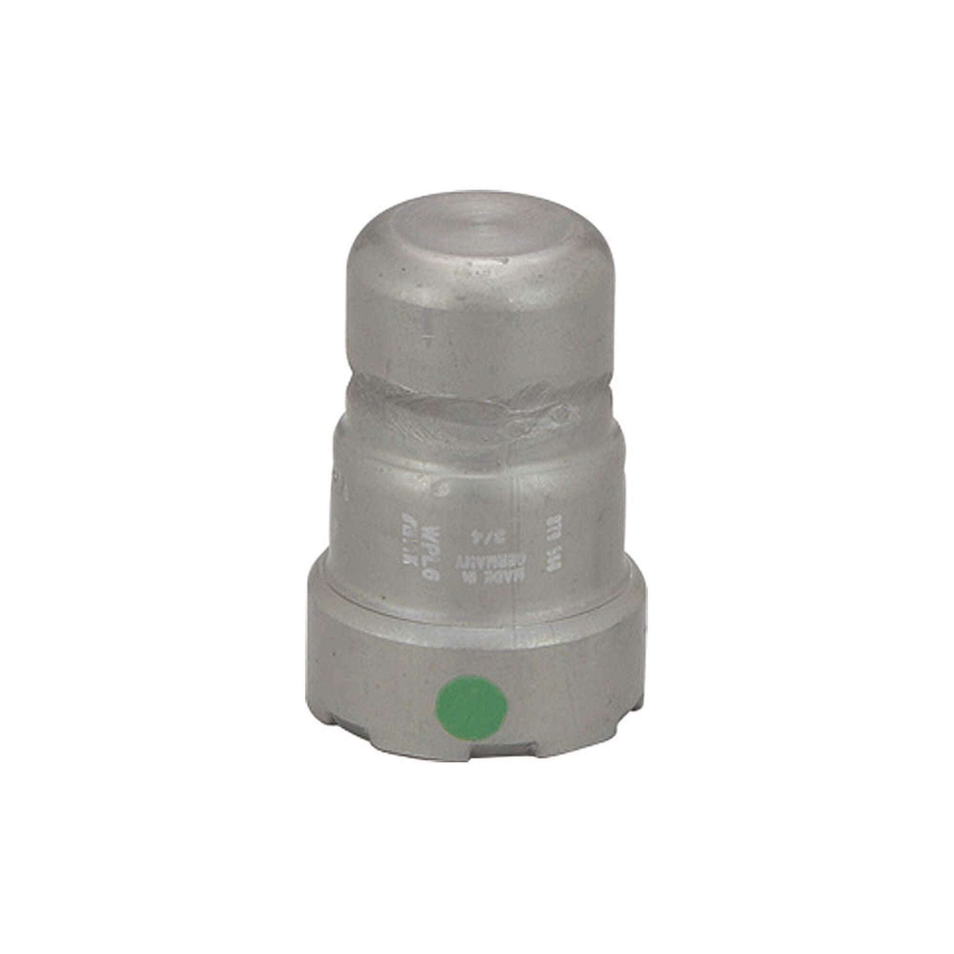 Silver metal press end cap with rounded top, stepped connector base, and green indicator dot.